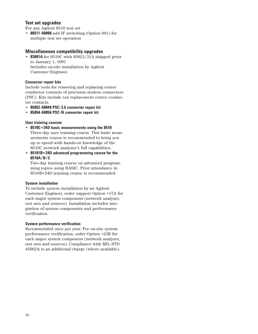 Agilent Technologies 8510C manual Test set upgrades, Miscellaneous compatibility upgrades 