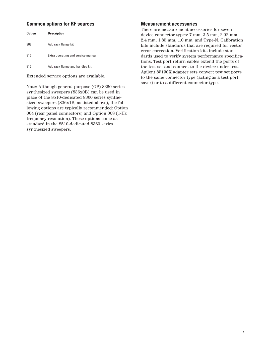 Agilent Technologies 8510C manual Common options for RF sources, Measurement accessories 