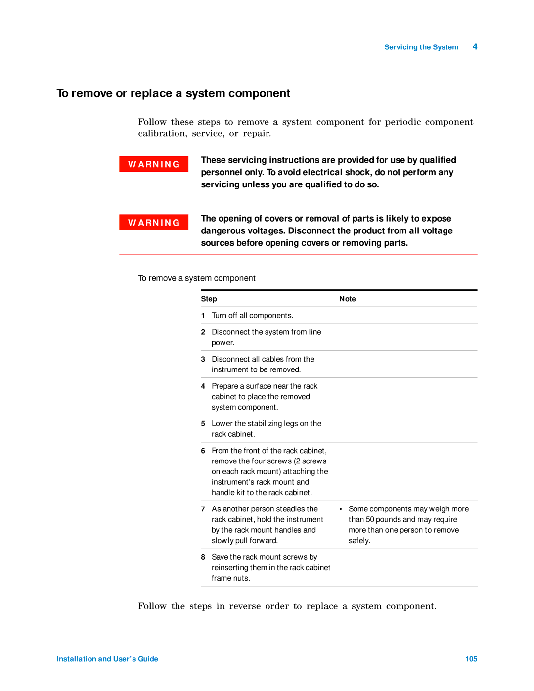 Agilent Technologies 85225F manual To remove or replace a system component, To remove a system component, Frame nuts 