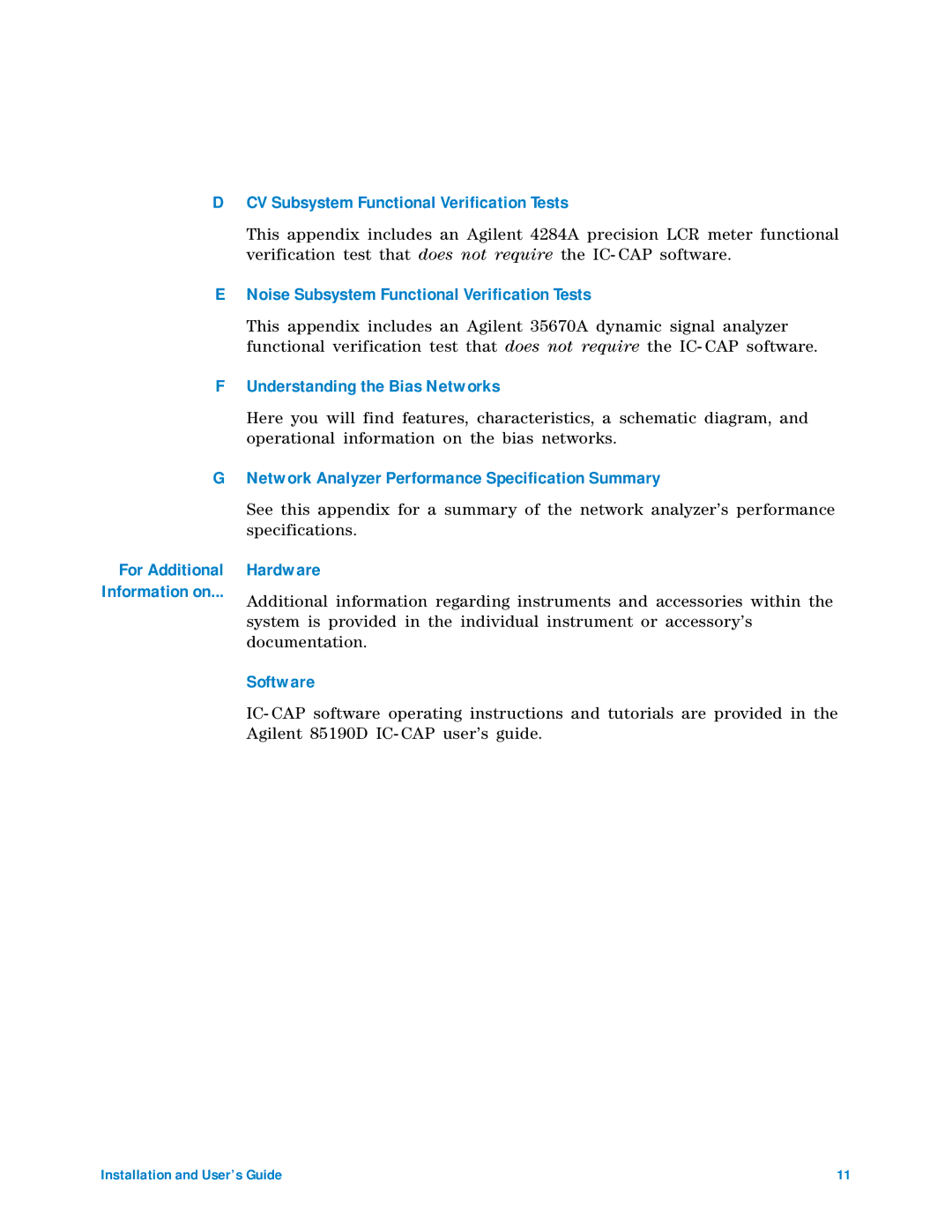 Agilent Technologies 85225F manual CV Subsystem Functional Verification Tests 