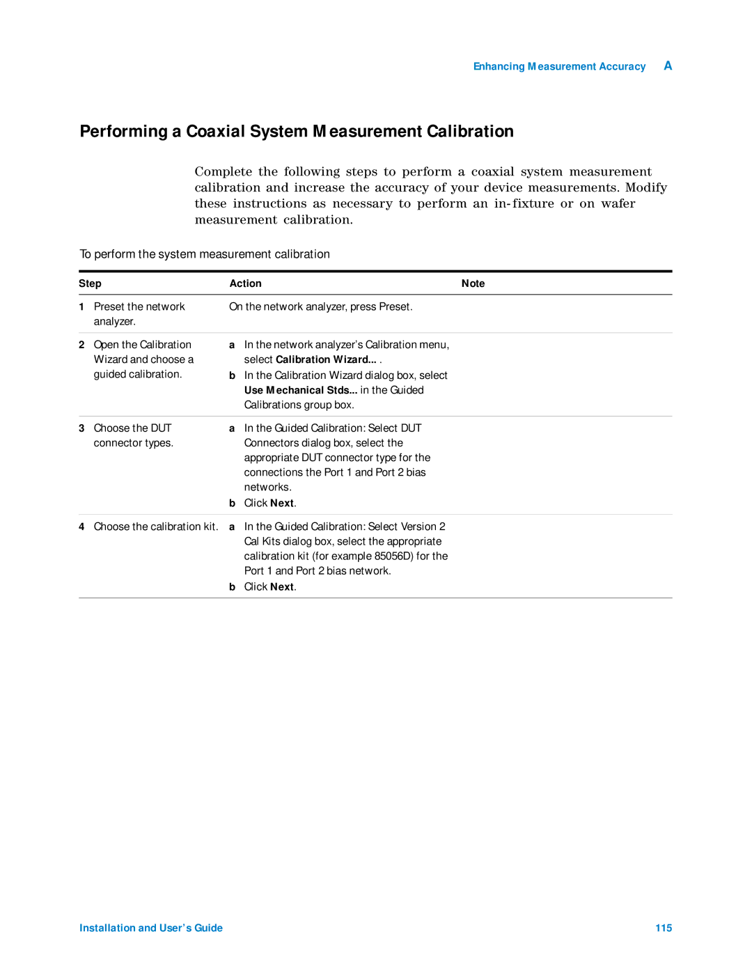 Agilent Technologies 85225F manual Performing a Coaxial System Measurement Calibration, Networks, Click Next 