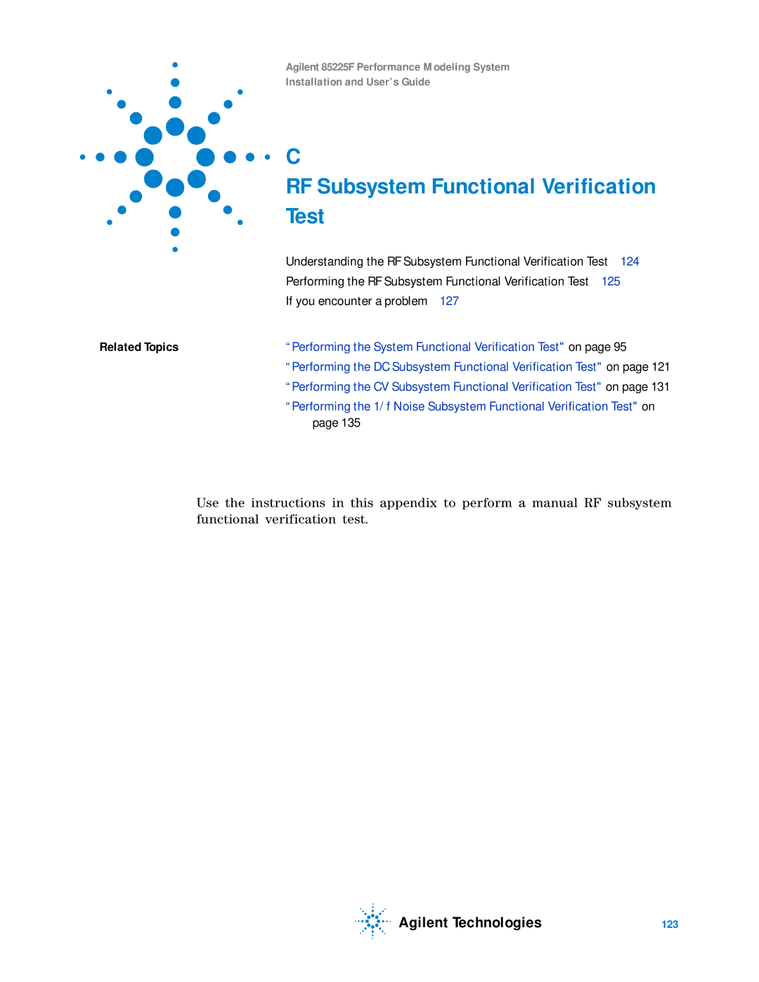 Agilent Technologies 85225F manual Performing the RF Subsystem Functional Verification Test 