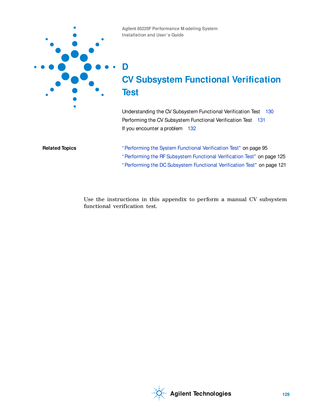 Agilent Technologies 85225F manual CV Subsystem Functional Verification 