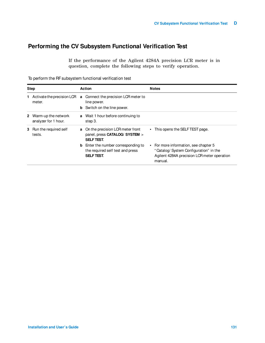 Agilent Technologies 85225F manual Performing the CV Subsystem Functional Verification Test, Manual 