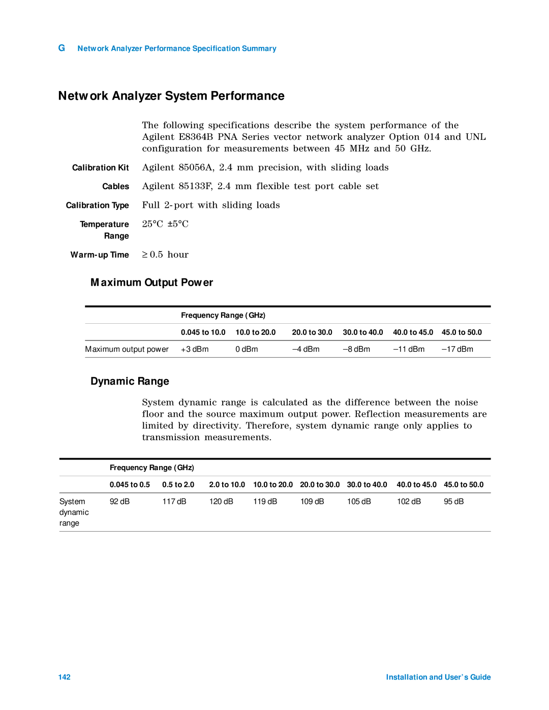 Agilent Technologies 85225F manual Network Analyzer System Performance, Maximum Output Power, Dynamic Range 