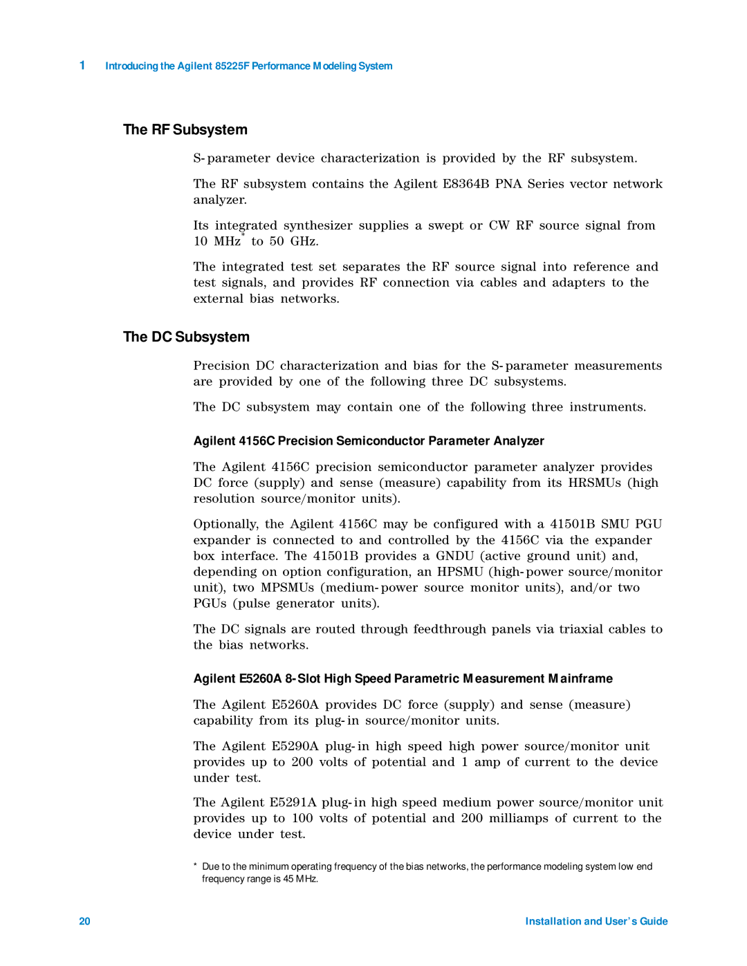 Agilent Technologies 85225F manual RF Subsystem, DC Subsystem 