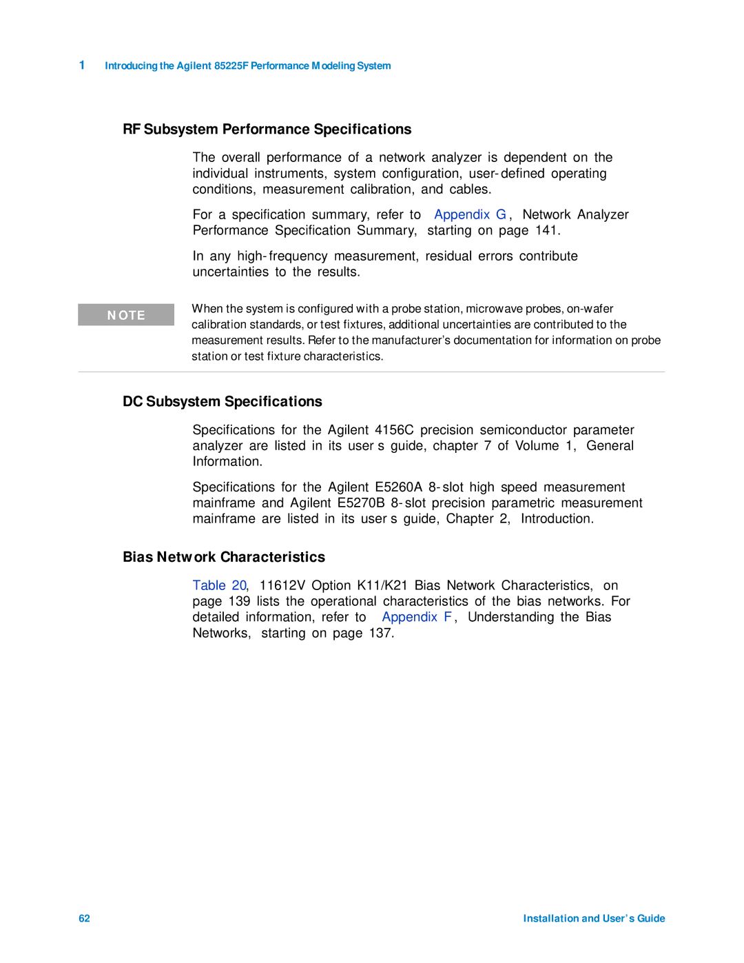 Agilent Technologies 85225F manual RF Subsystem Performance Specifications, DC Subsystem Specifications 