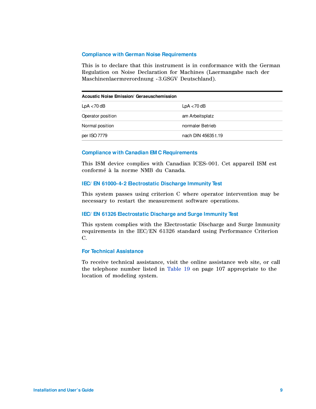 Agilent Technologies 85225F manual Compliance with German Noise Requirements, Acoustic Noise Emission/Geraeuschemission 