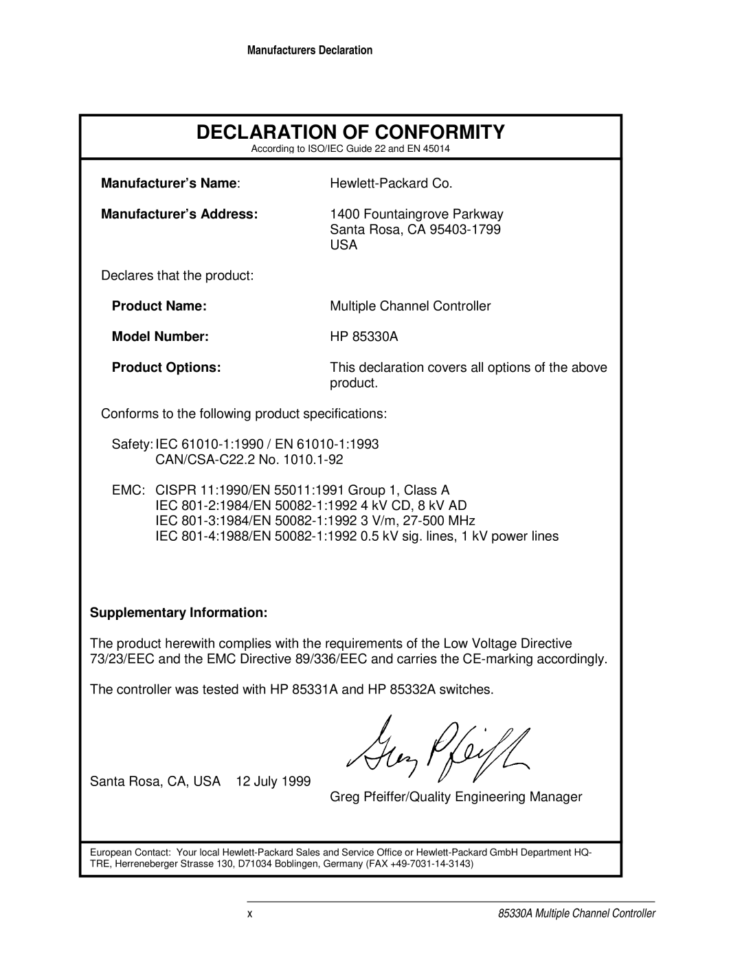 Agilent Technologies 85330A service manual Declaration of Conformity 