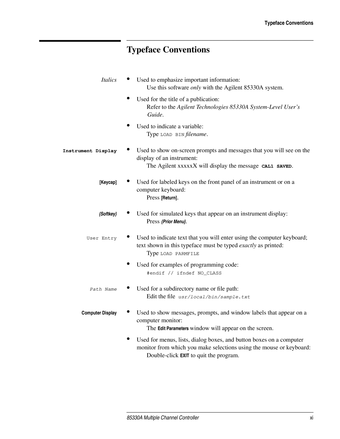 Agilent Technologies 85330A service manual Typeface Conventions 