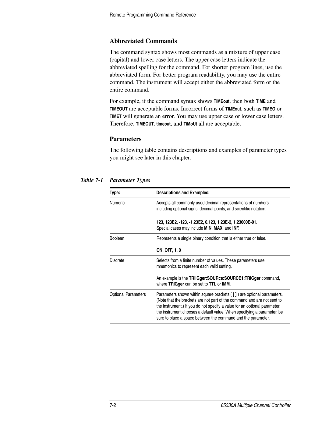 Agilent Technologies 85330A service manual Abbreviated Commands, Parameters, Parameter Types 