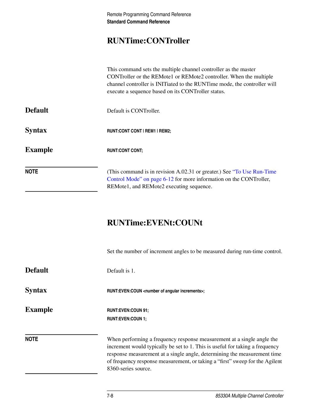 Agilent Technologies 85330A service manual RUNTimeCONTroller, RUNTimeEVENtCOUNt 