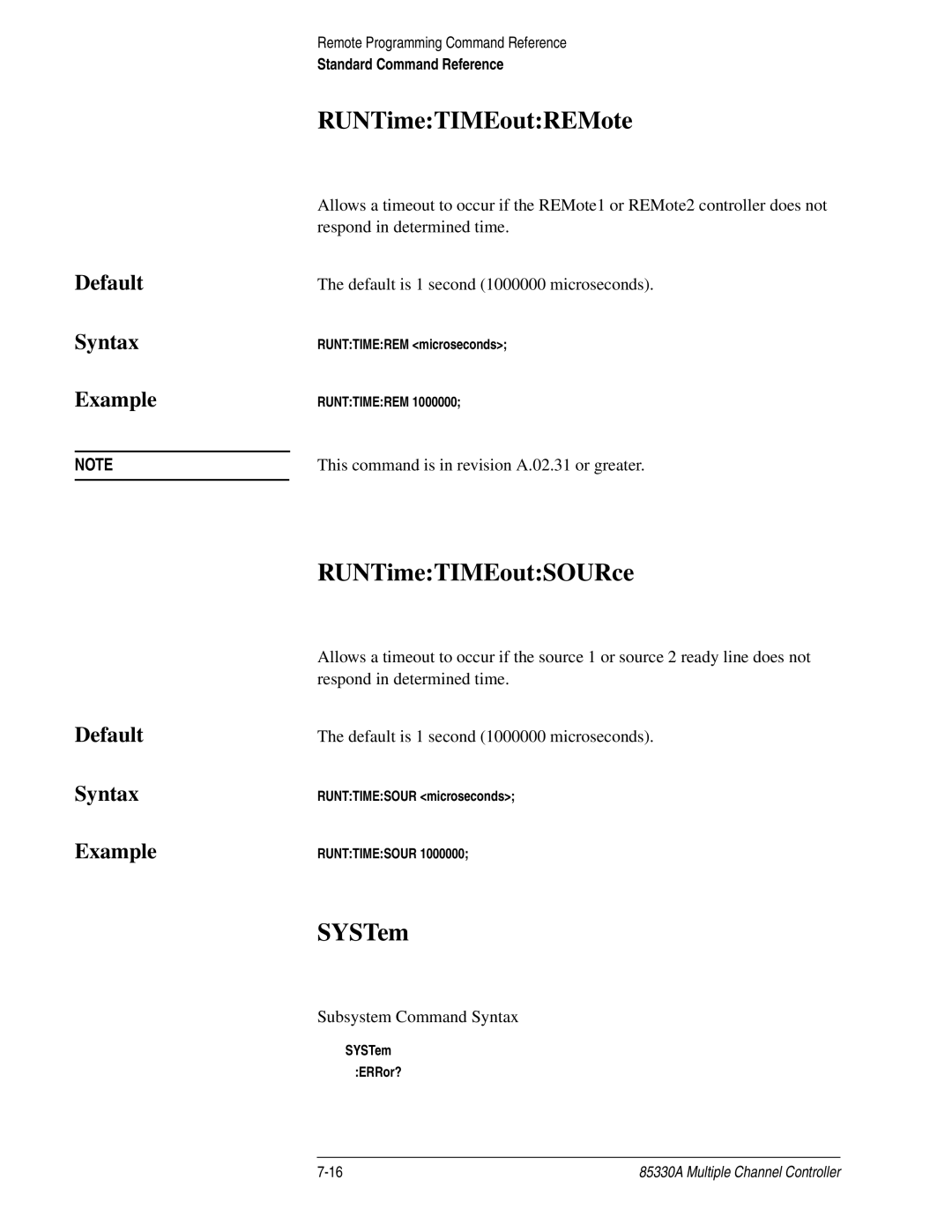 Agilent Technologies 85330A service manual RUNTimeTIMEoutREMote, RUNTimeTIMEoutSOURce, SYSTem 