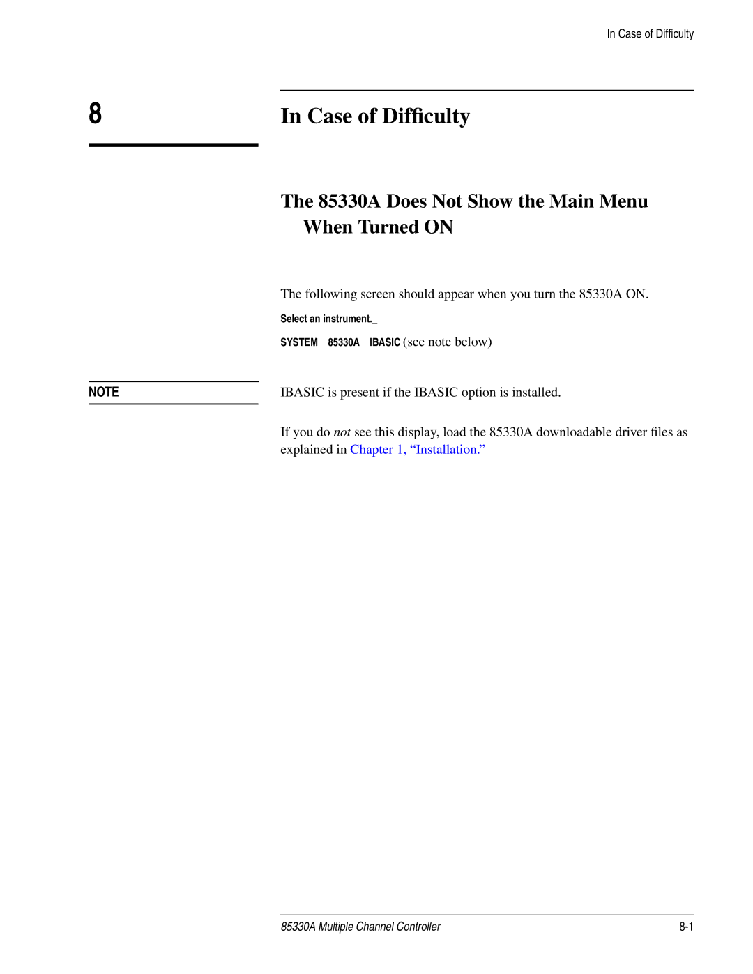 Agilent Technologies service manual 85330A Does Not Show the Main Menu, When Turned on 