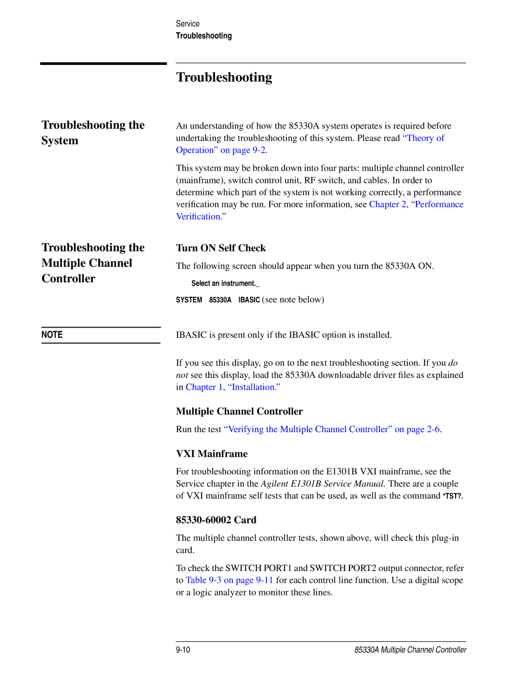 Agilent Technologies 85330A service manual Troubleshooting the System, Troubleshooting Multiple Channel Controller 