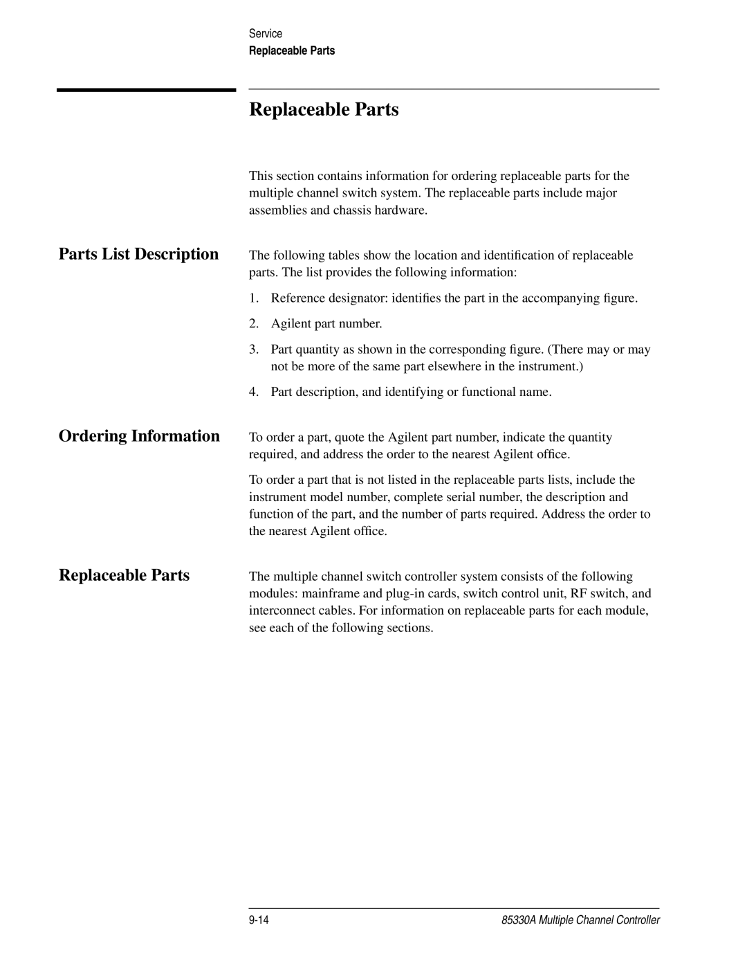 Agilent Technologies 85330A service manual Replaceable Parts 