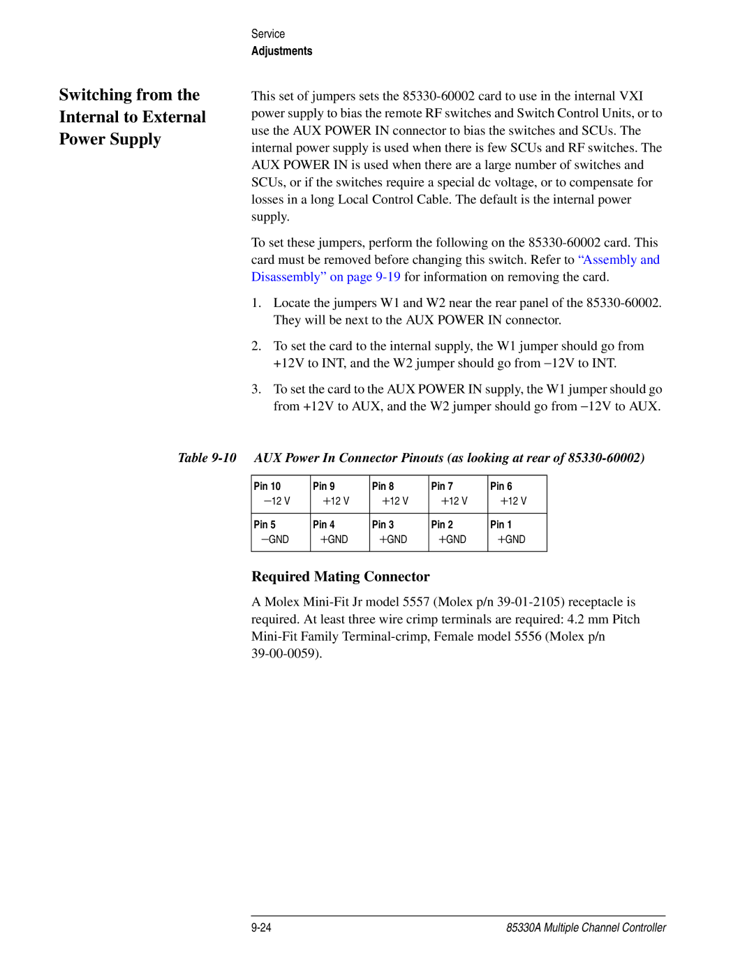 Agilent Technologies 85330A service manual Switching from the Internal to External Power Supply, Required Mating Connector 