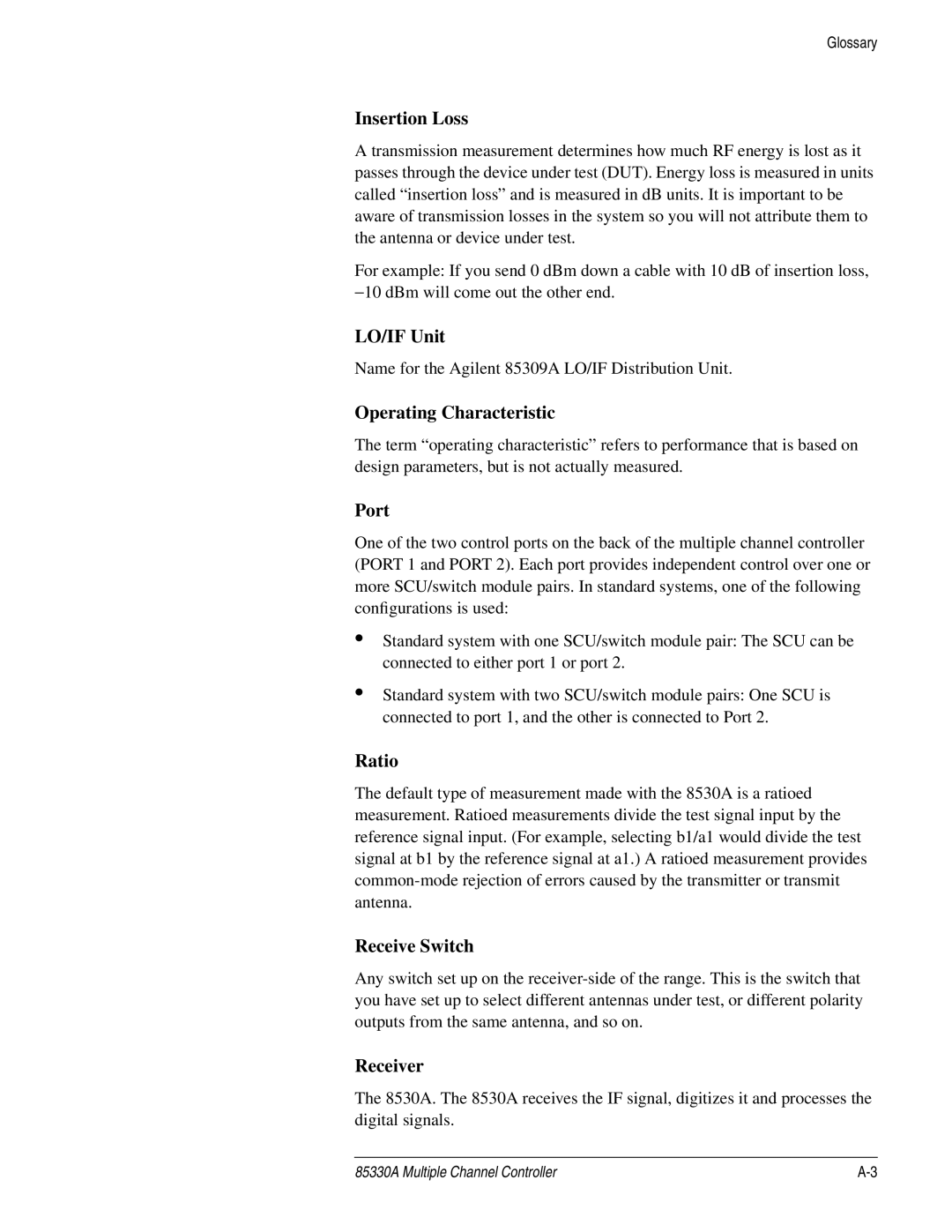 Agilent Technologies 85330A Insertion Loss, LO/IF Unit, Operating Characteristic, Port, Ratio, Receive Switch, Receiver 