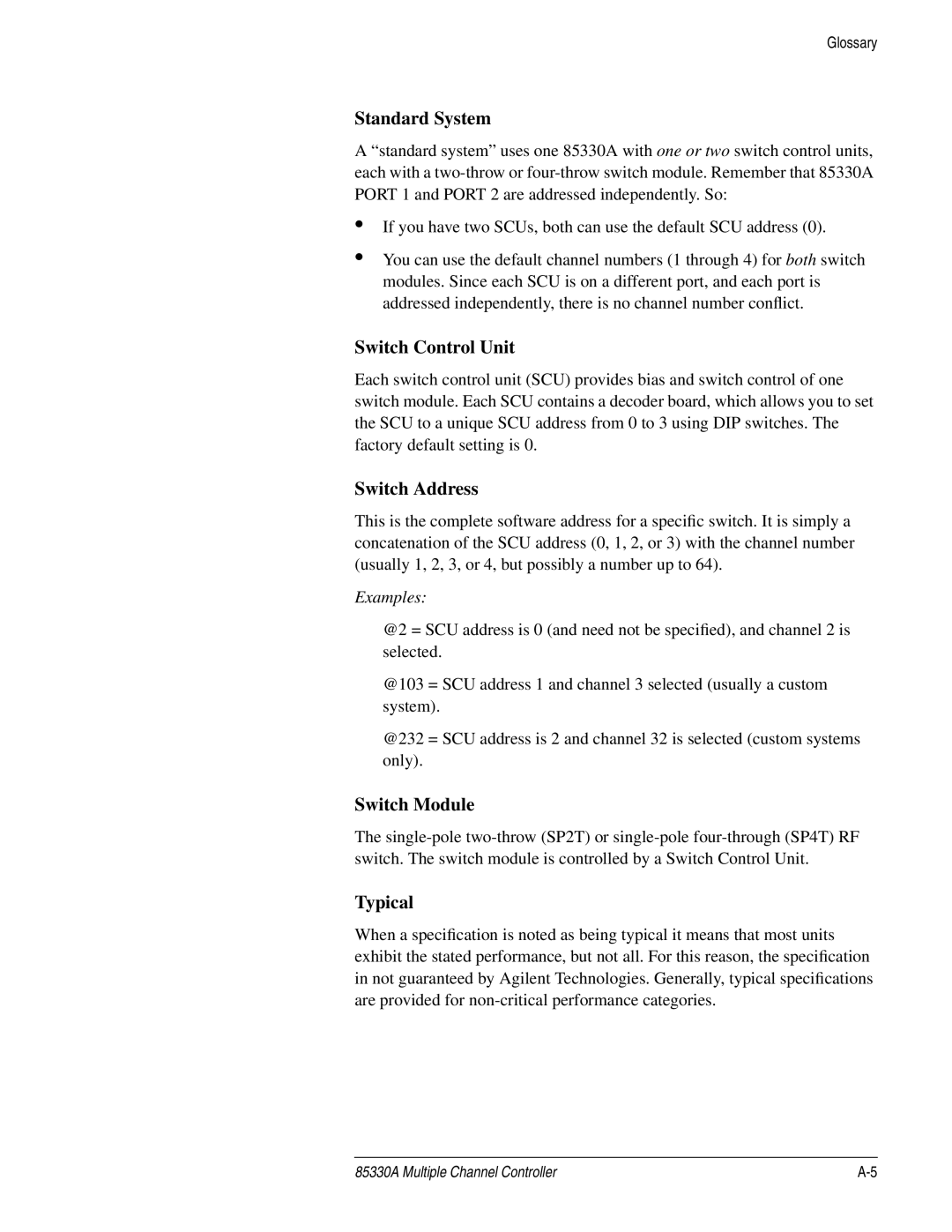 Agilent Technologies 85330A service manual Standard System, Switch Control Unit, Switch Module, Typical 