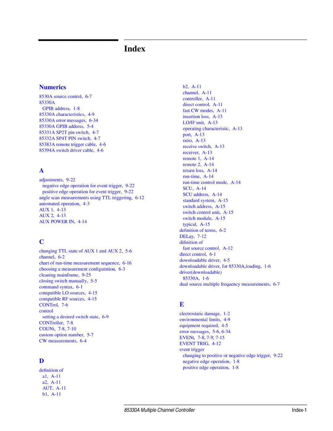 Agilent Technologies 85330A service manual Index, Numerics 