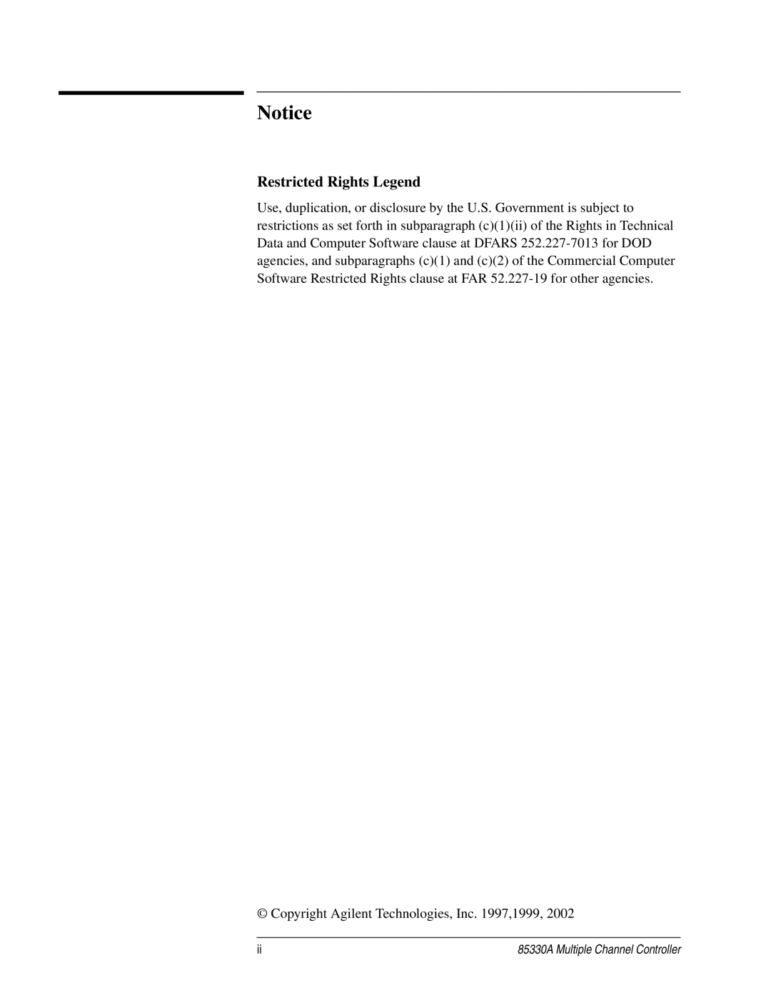 Agilent Technologies 85330A service manual Restricted Rights Legend 