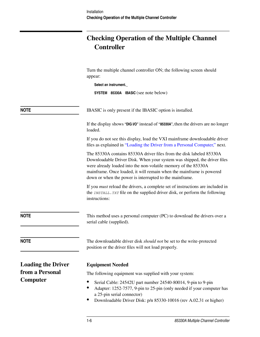 Agilent Technologies 85330A service manual Checking Operation of the Multiple Channel Controller, Equipment Needed 