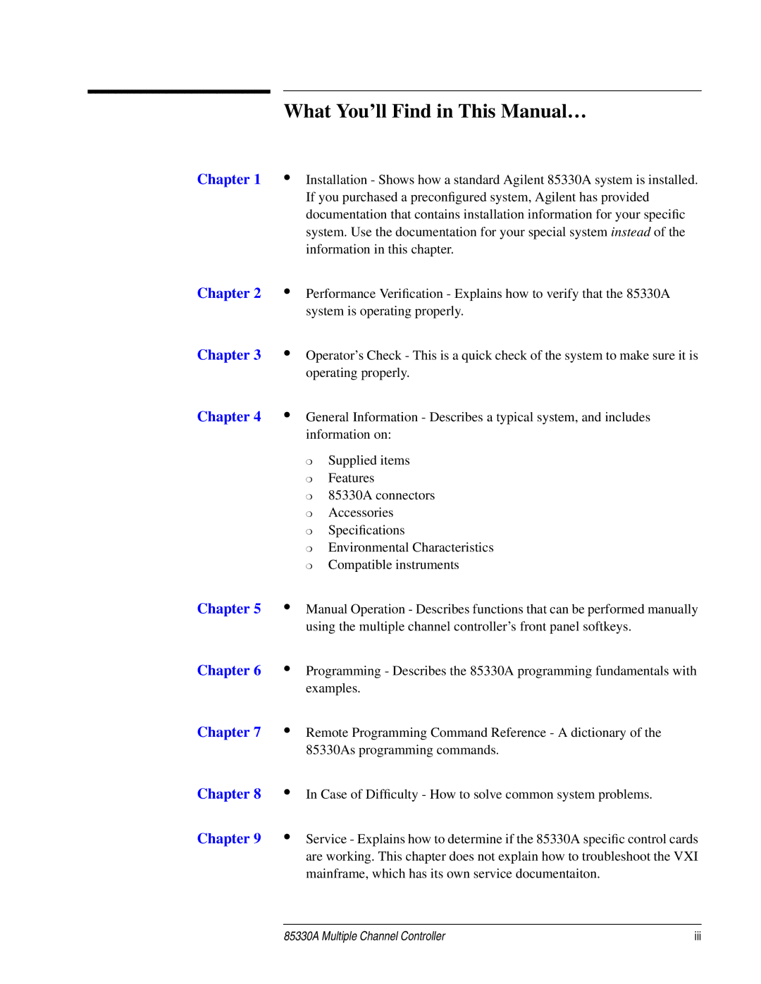 Agilent Technologies 85330A service manual What You’ll Find in This Manual…, Chapter 