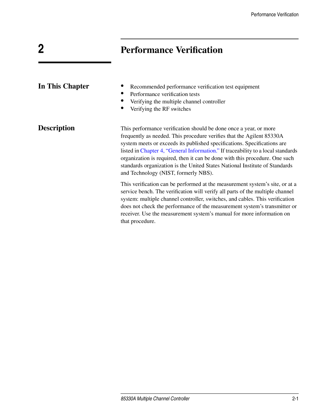 Agilent Technologies 85330A service manual This Chapter, Description 