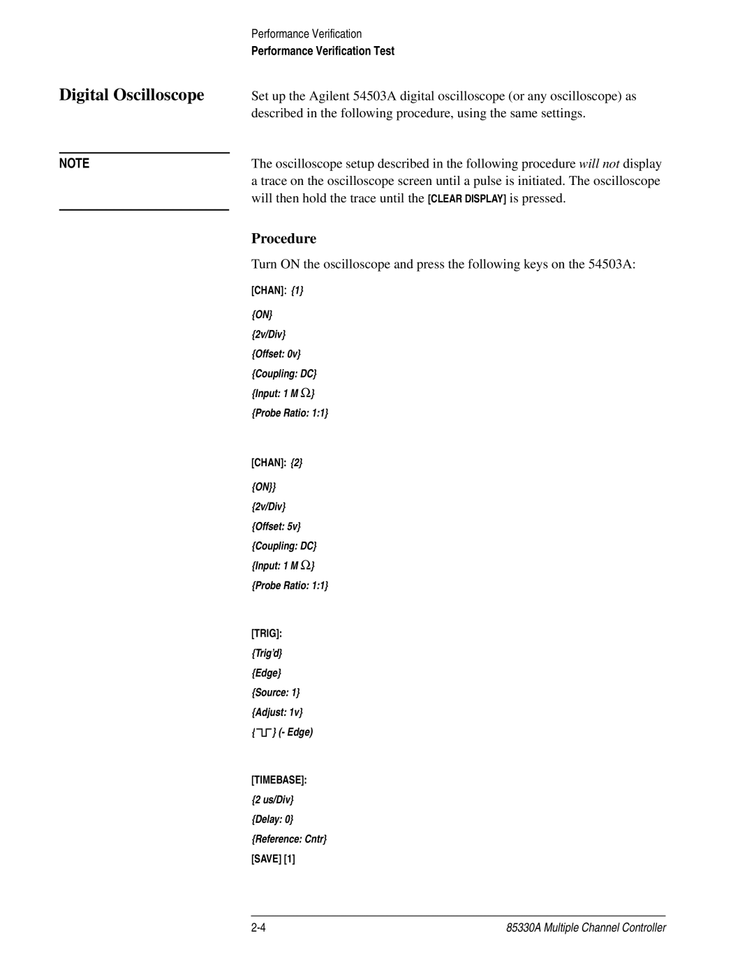 Agilent Technologies 85330A service manual Digital Oscilloscope, Procedure 