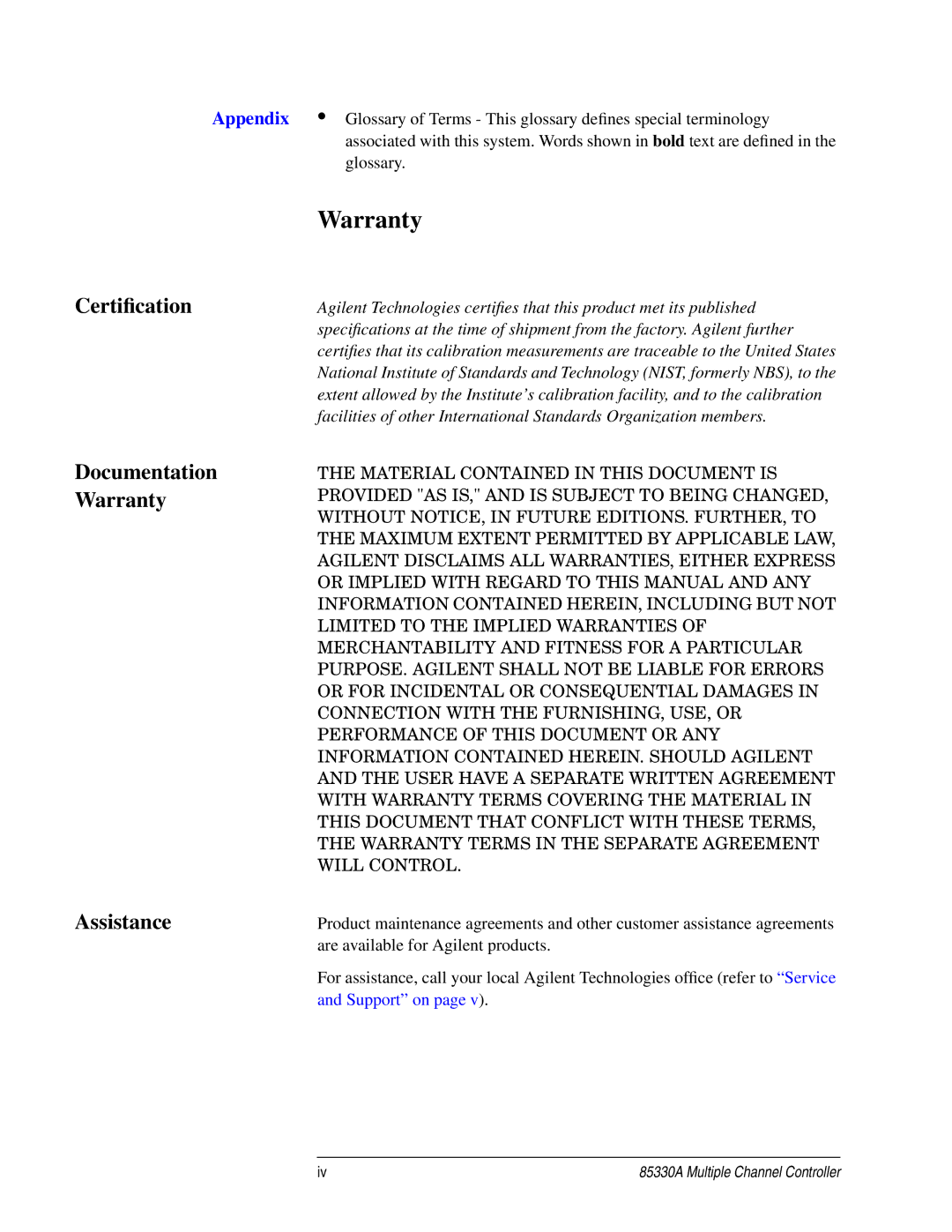 Agilent Technologies 85330A service manual Certiﬁcation Documentation Warranty Assistance 