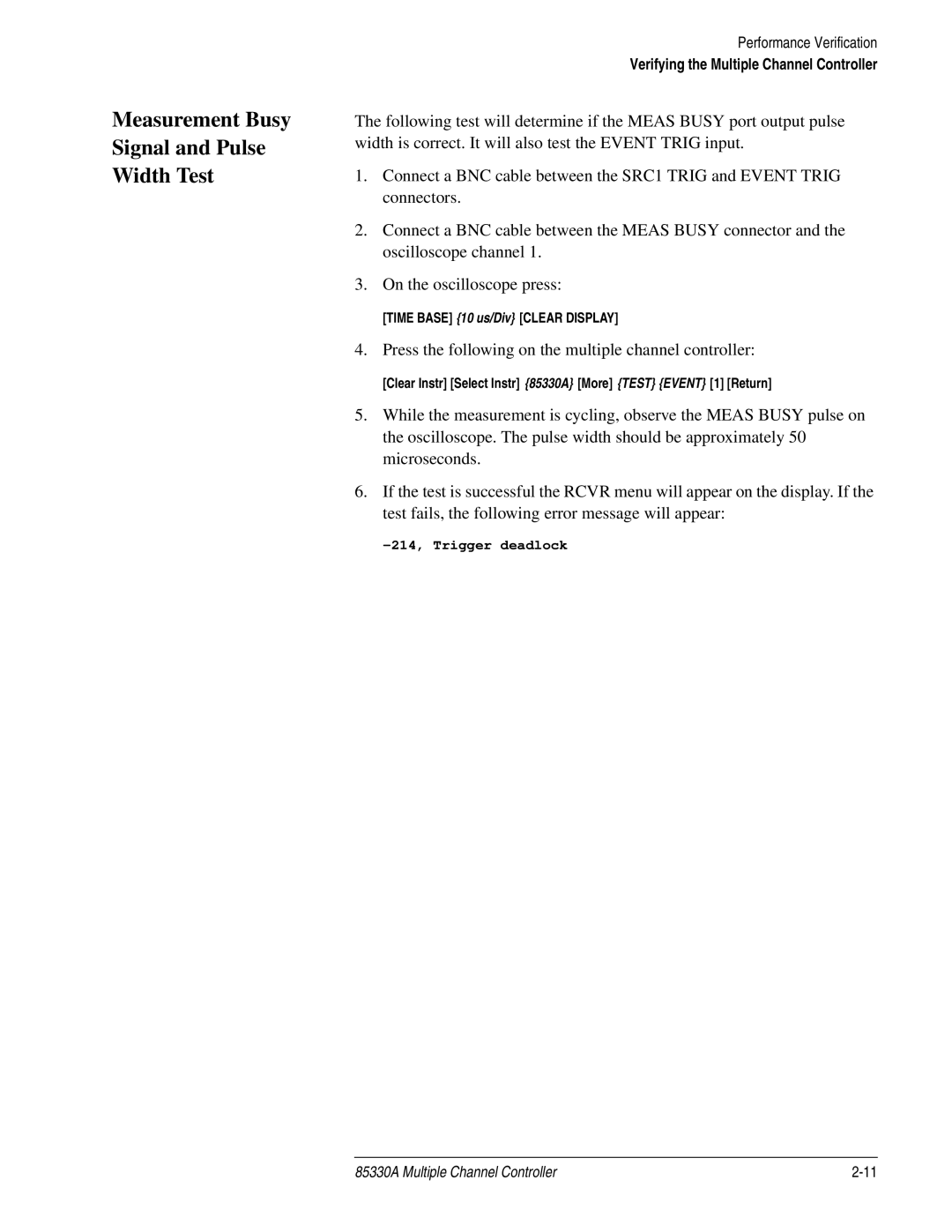 Agilent Technologies 85330A service manual Measurement Busy Signal and Pulse Width Test 