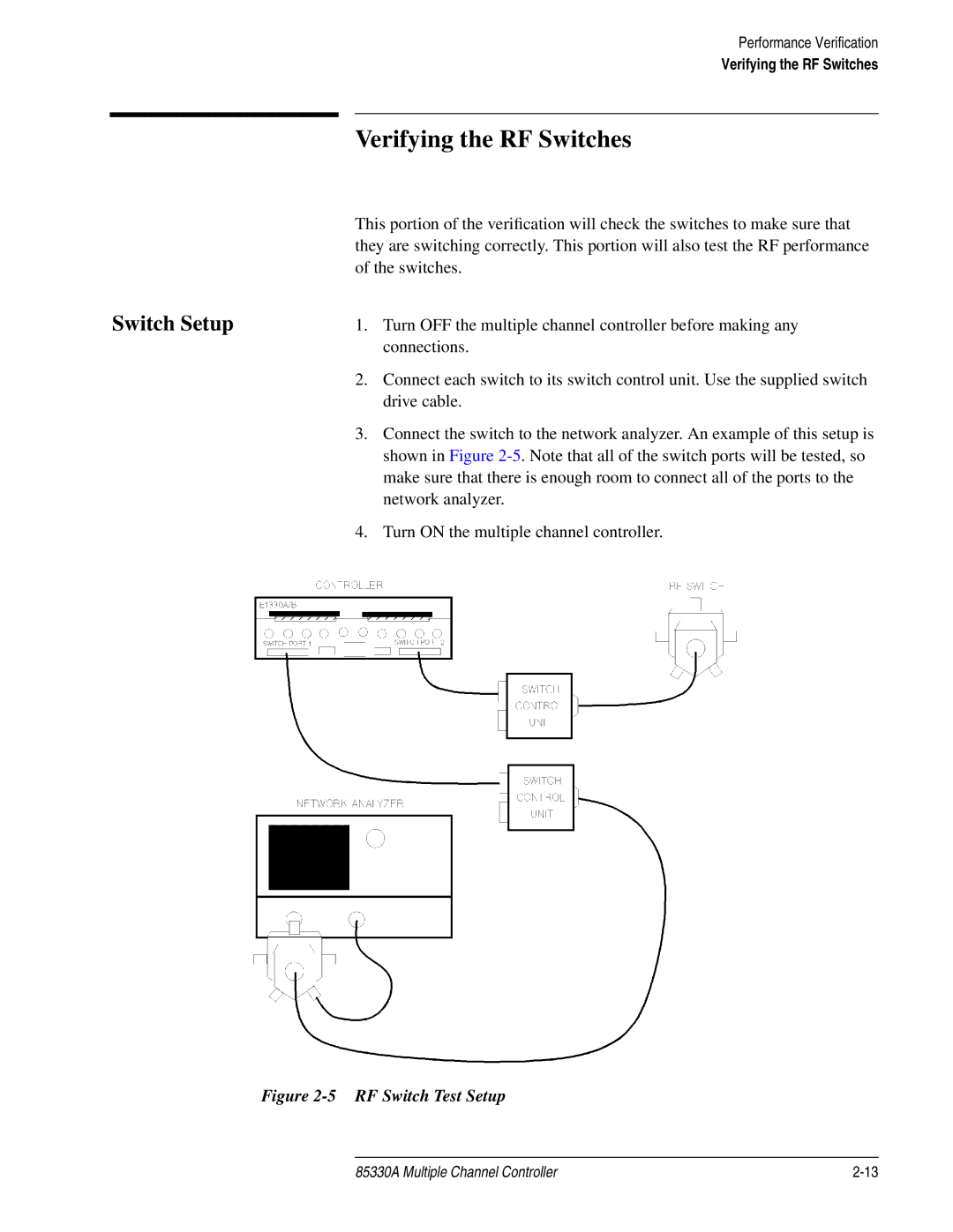 Agilent Technologies 85330A service manual Verifying the RF Switches, Switch Setup 