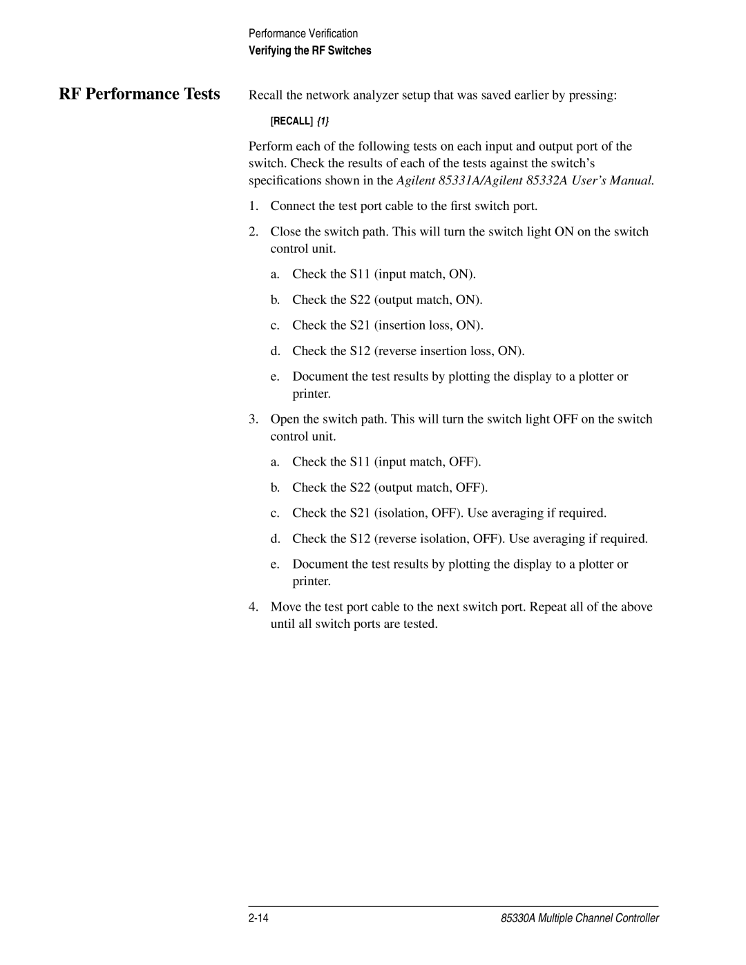 Agilent Technologies 85330A service manual Recall 