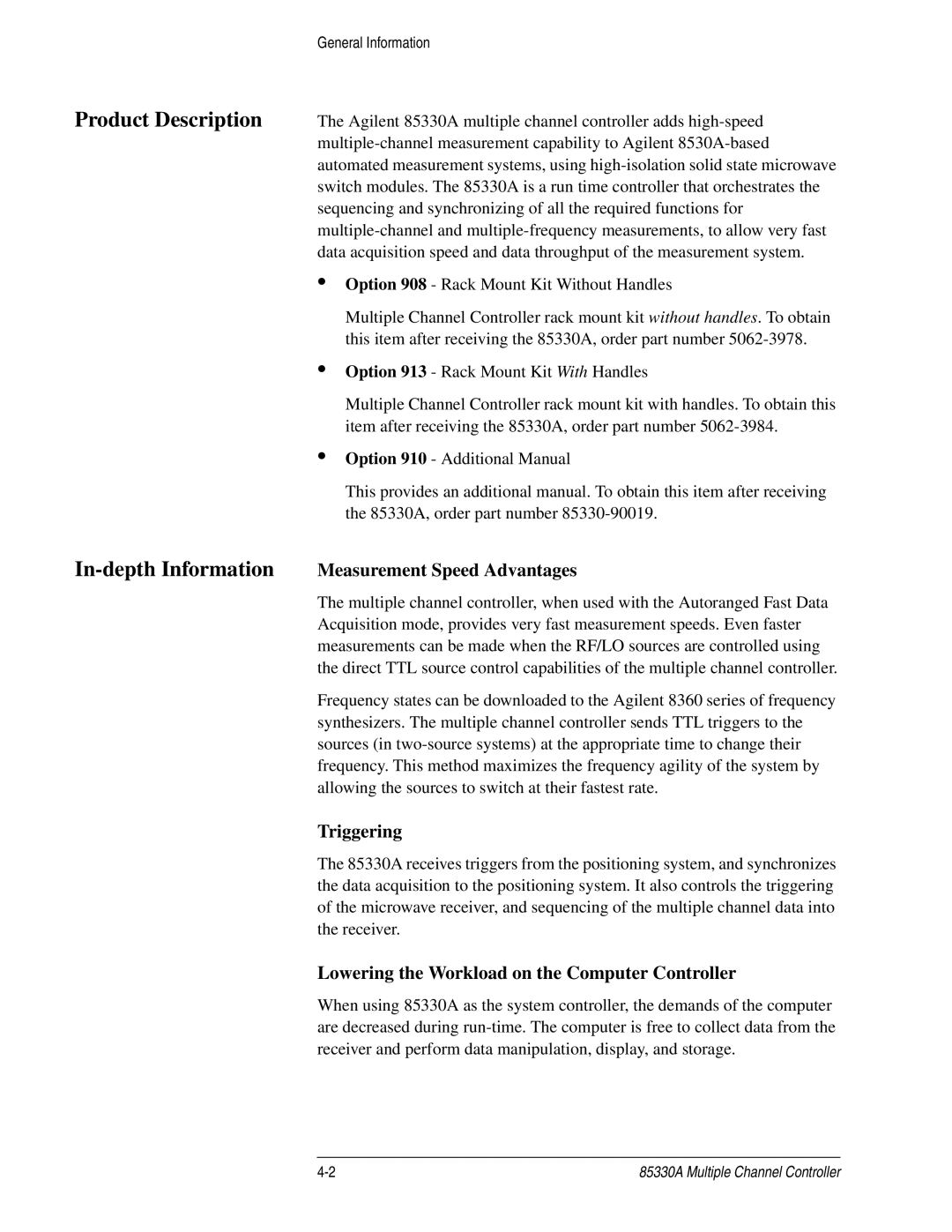 Agilent Technologies 85330A Product Description, In-depth Information Measurement Speed Advantages, Triggering 