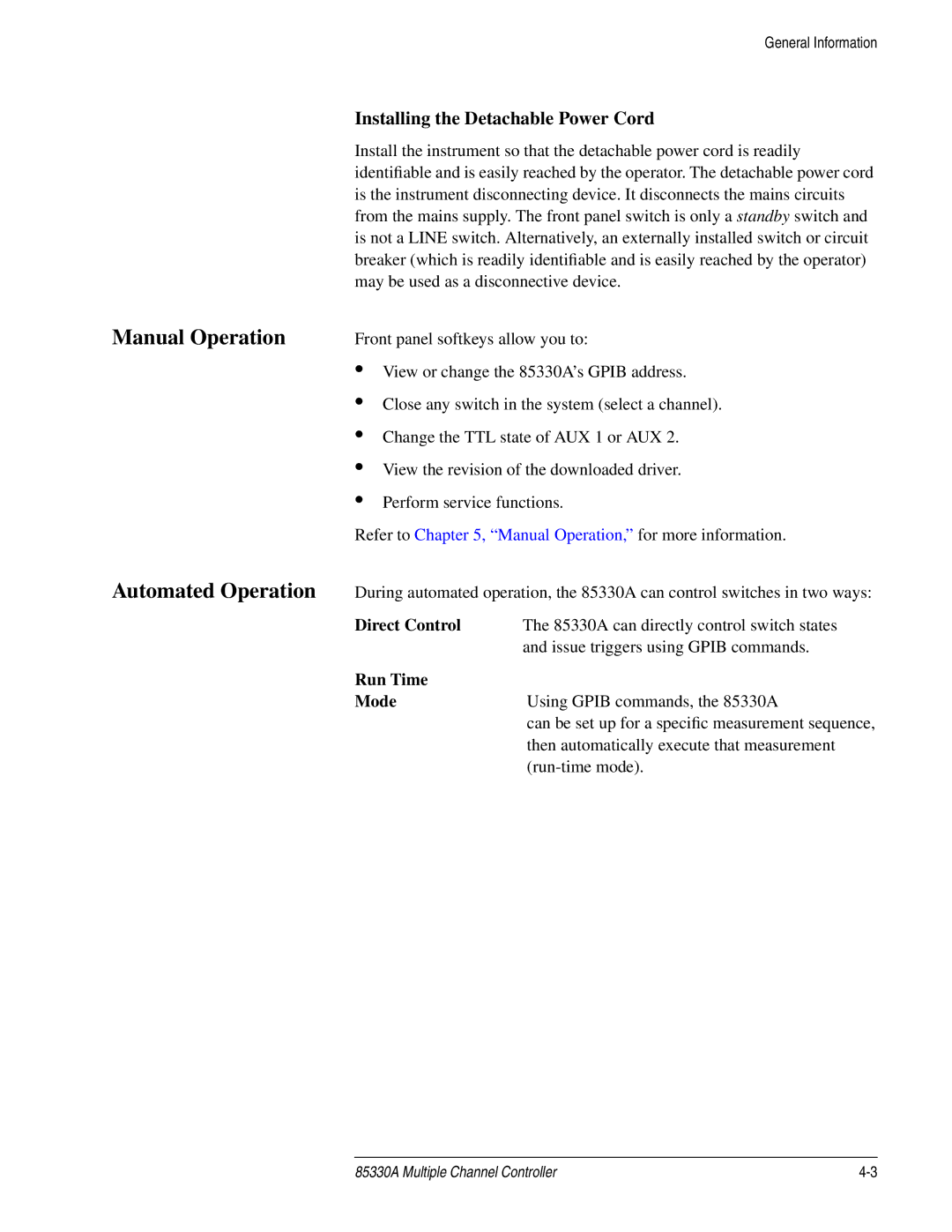 Agilent Technologies 85330A service manual Manual Operation, Installing the Detachable Power Cord 