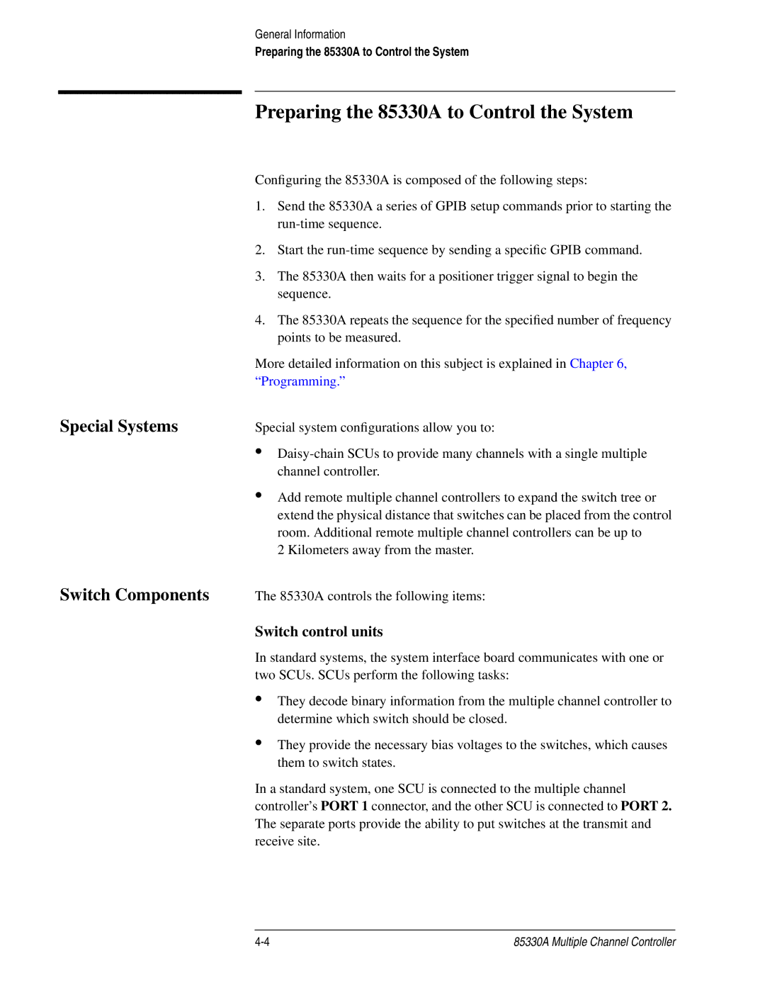 Agilent Technologies service manual Preparing the 85330A to Control the System, Special Systems, Switch Components 