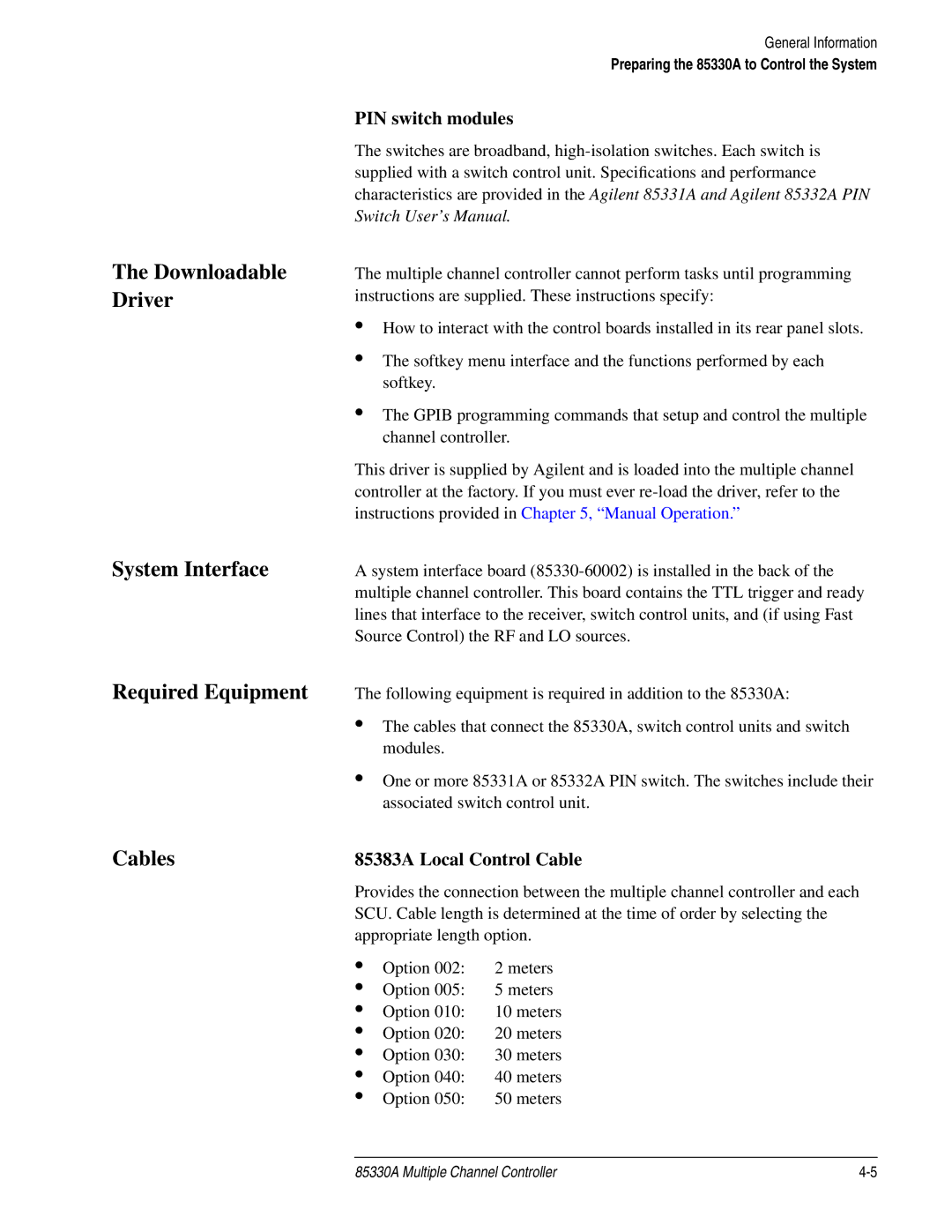 Agilent Technologies 85330A service manual Downloadable Driver System Interface Required Equipment, PIN switch modules 