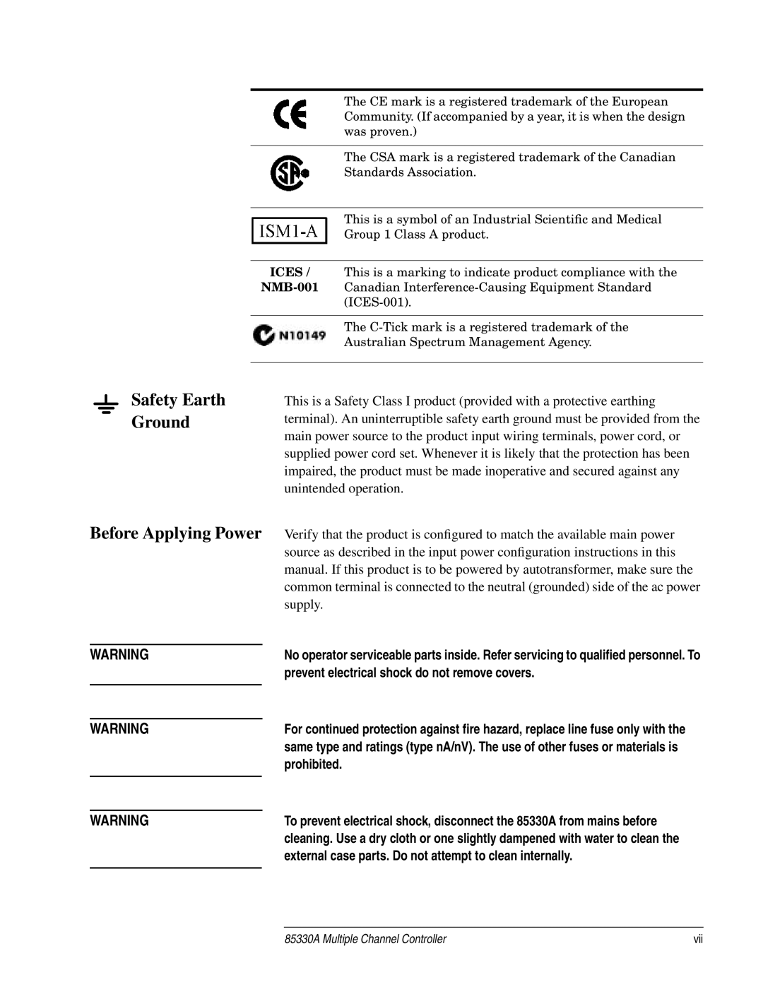 Agilent Technologies 85330A service manual Safety Earth Ground 