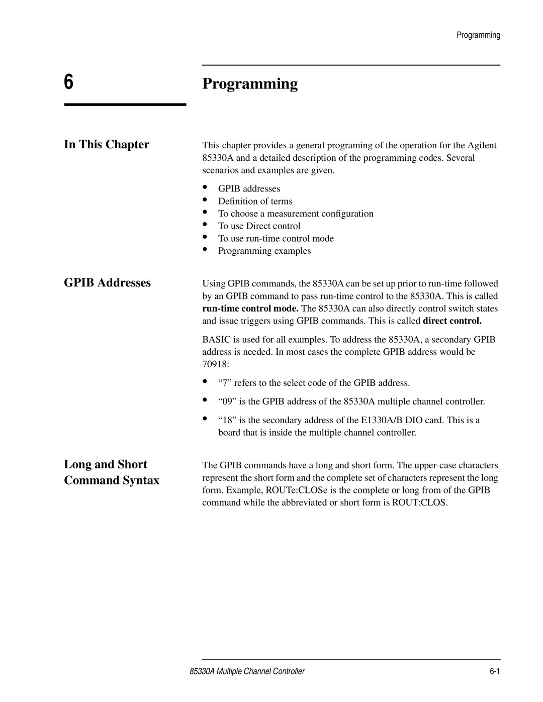 Agilent Technologies 85330A service manual 6Programming, This Chapter Gpib Addresses Long and Short Command Syntax 