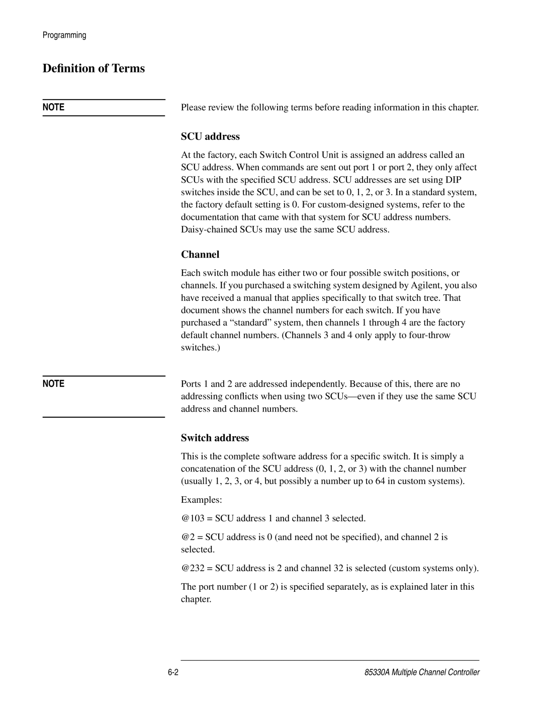 Agilent Technologies 85330A service manual Deﬁnition of Terms, SCU address, Channel, Switch address 