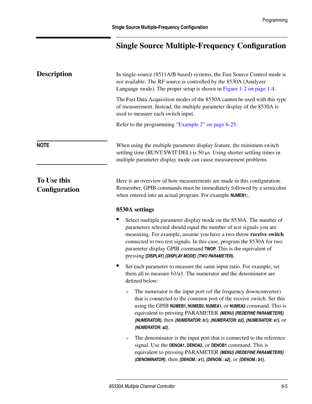 Agilent Technologies 85330A service manual Single Source Multiple-Frequency Conﬁguration, 8530A settings 