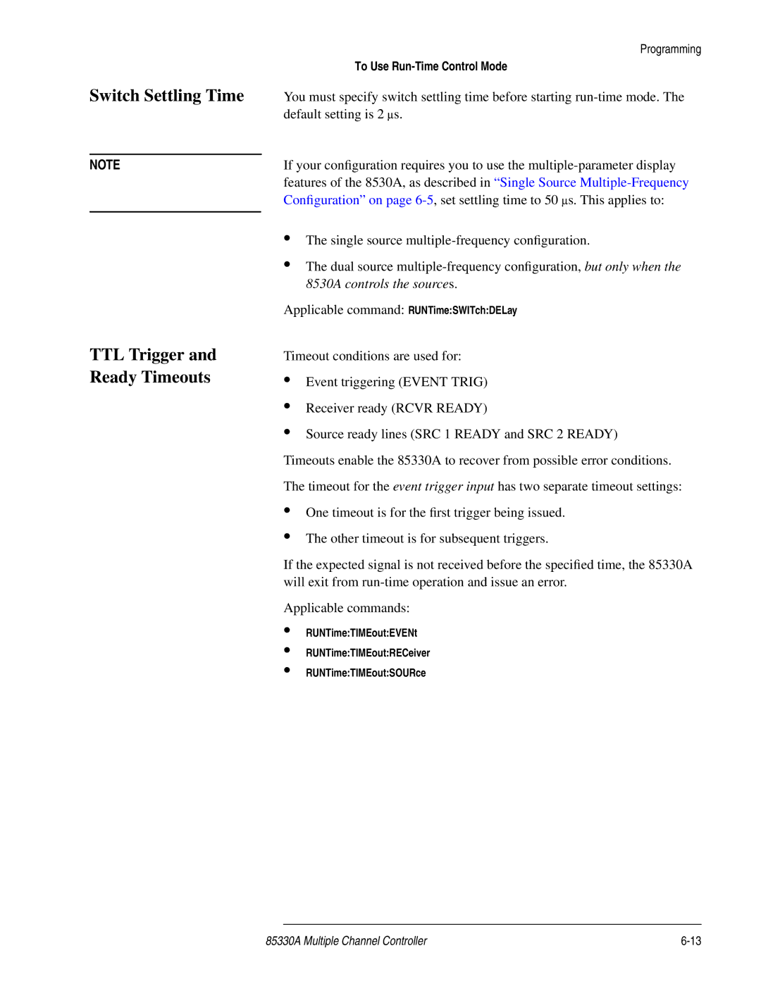 Agilent Technologies 85330A service manual Switch Settling Time, TTL Trigger and Ready Timeouts 