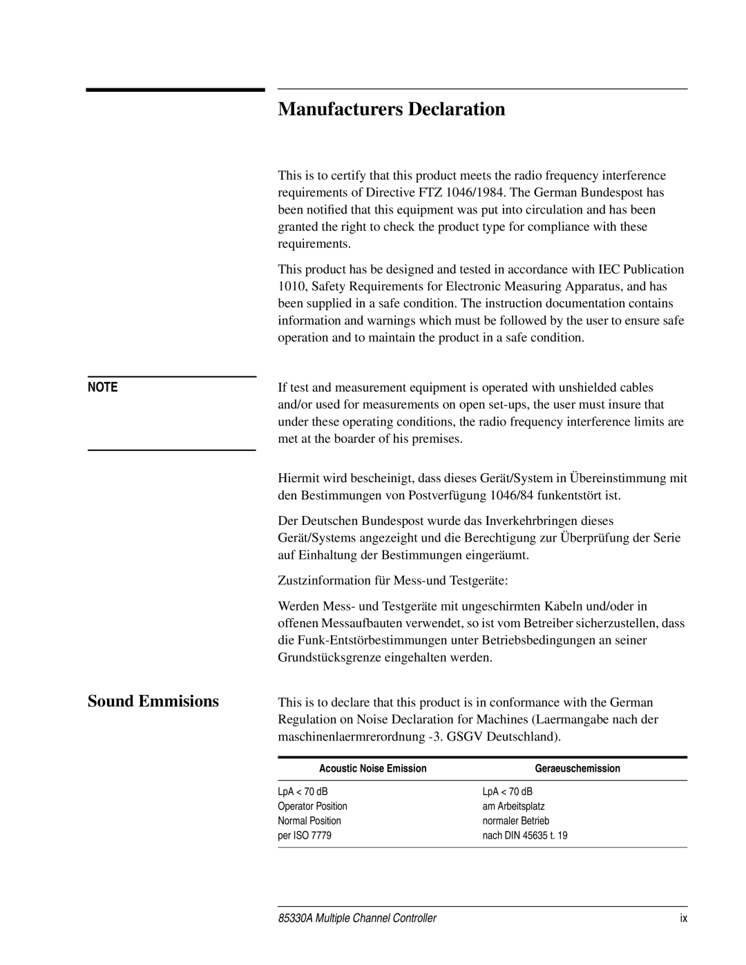 Agilent Technologies 85330A service manual Manufacturers Declaration, Sound Emmisions 