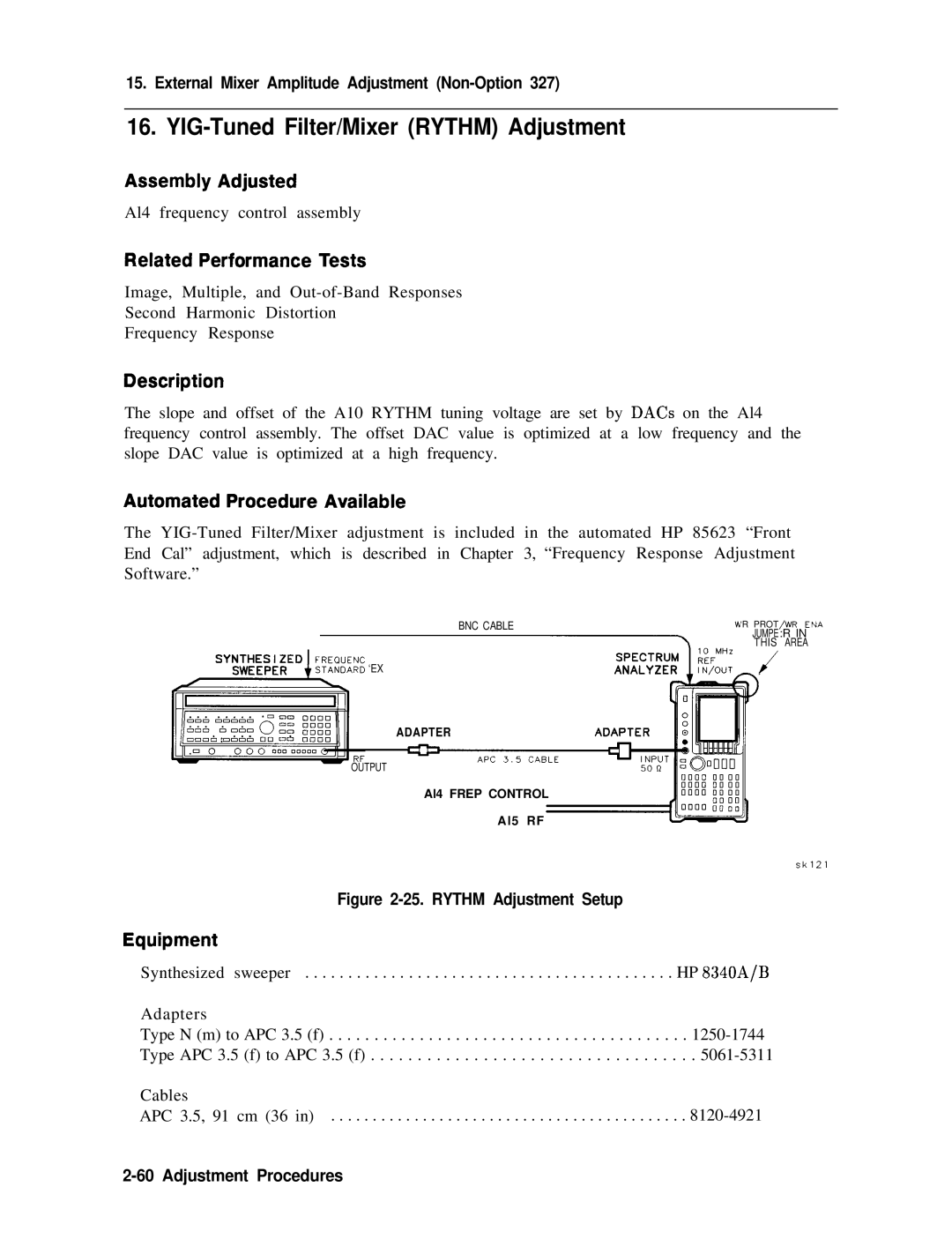 Agilent Technologies 856290216 service manual YIG-Tuned Filter/Mixer Rythm Adjustment, Rythm Adjustment Setup 