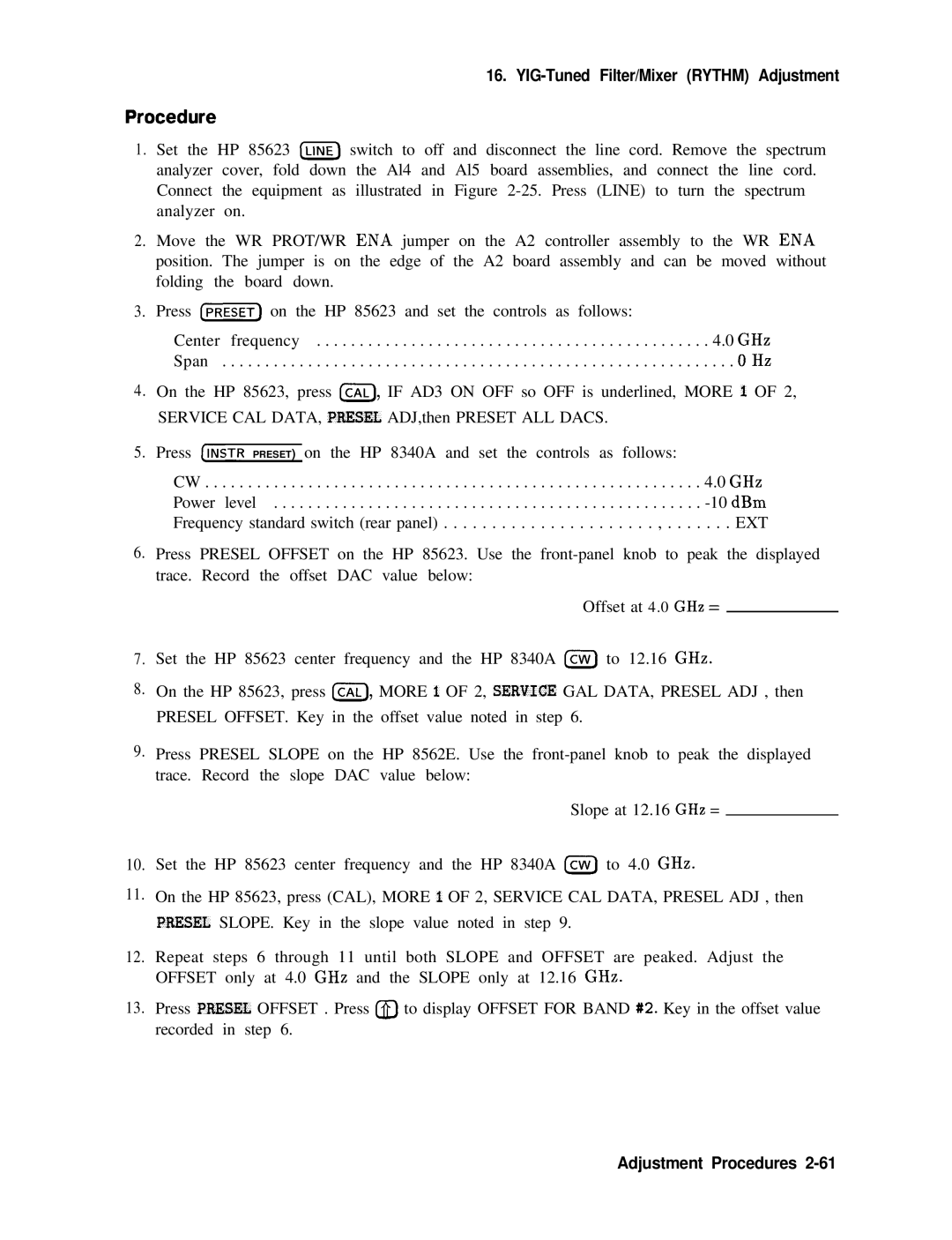 Agilent Technologies 856290216 service manual Procedure, YIG-Tuned Filter/Mixer Rythm Adjustment 