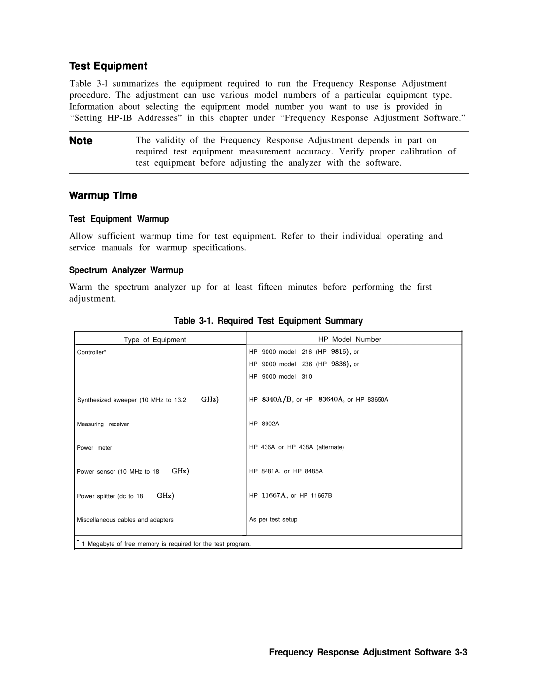 Agilent Technologies 856290216 service manual Warmup Time, Test Equipment Warmup Spectrum Analyzer Warmup 