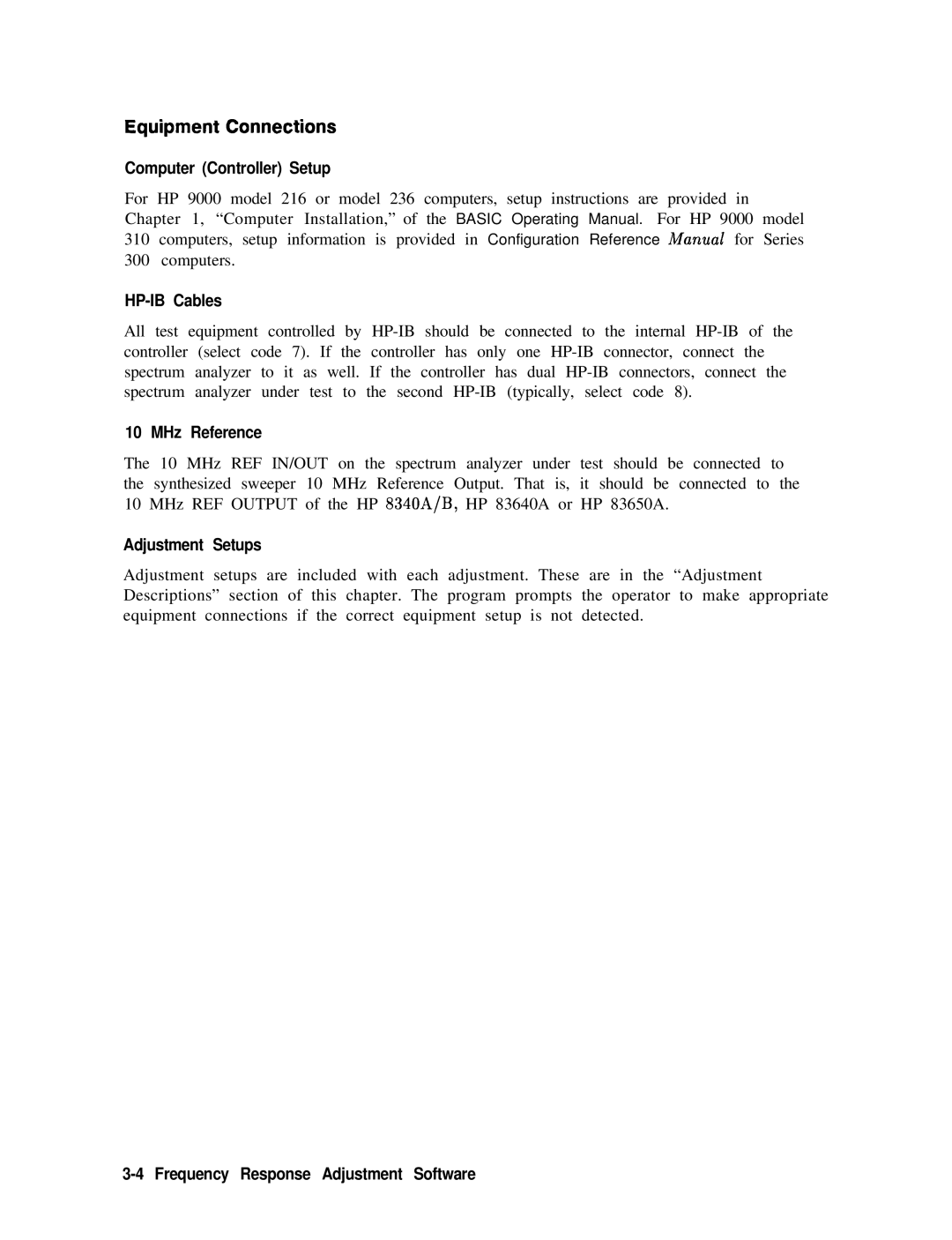 Agilent Technologies 856290216 service manual Equipment Connections, Computer Controller Setup, HP-IB Cables, MHz Reference 