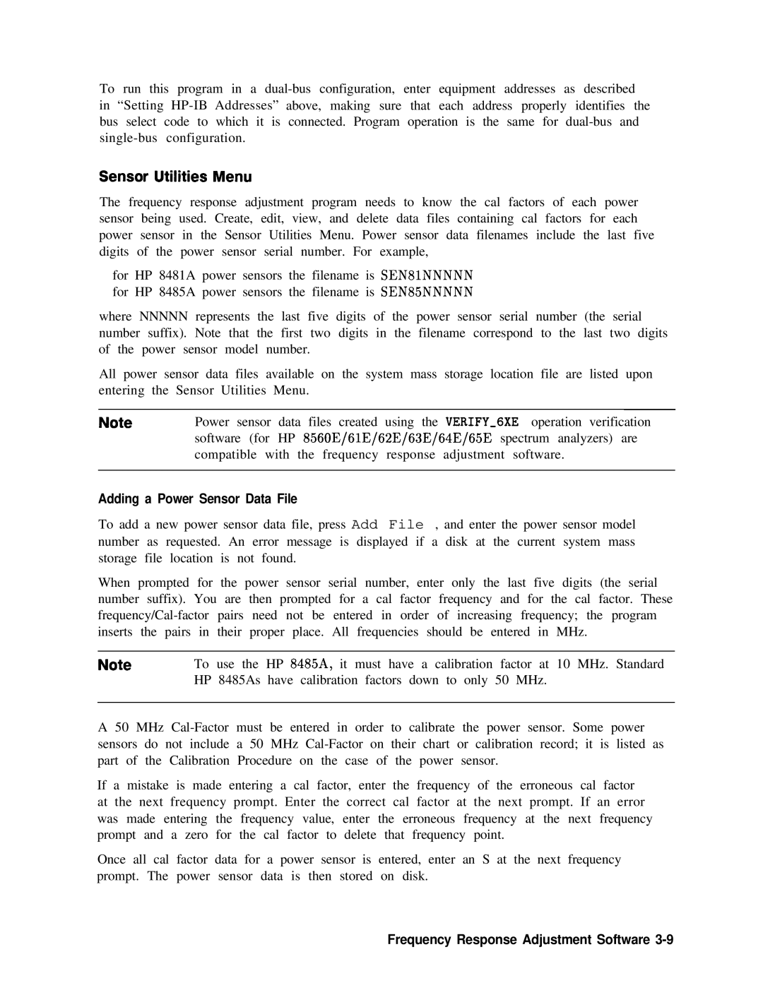 Agilent Technologies 856290216 service manual Sensor Utilities Menu, Adding a Power Sensor Data File 