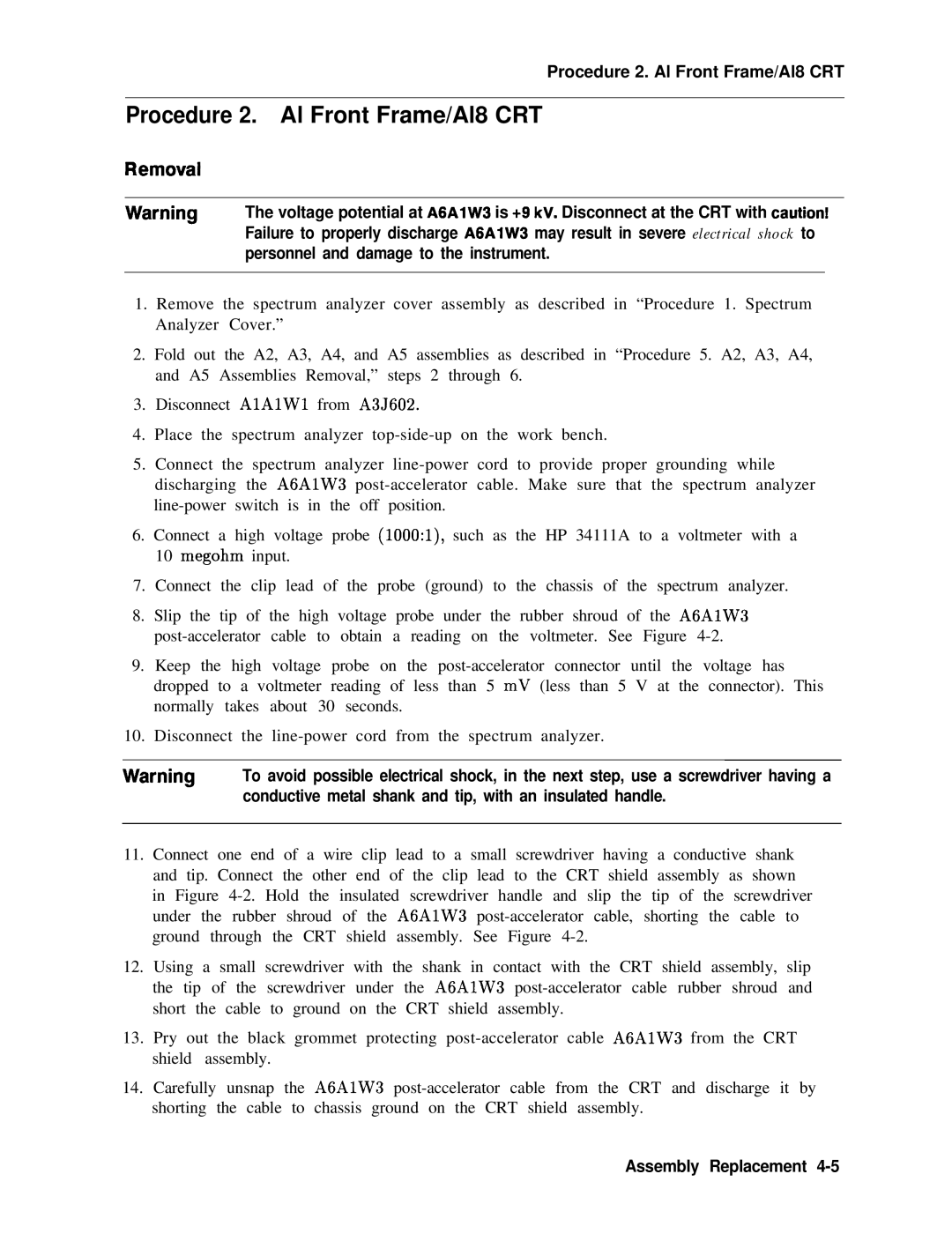 Agilent Technologies 856290216 service manual Procedure 2. Al Front Frame/Al8 CRT, Removal 