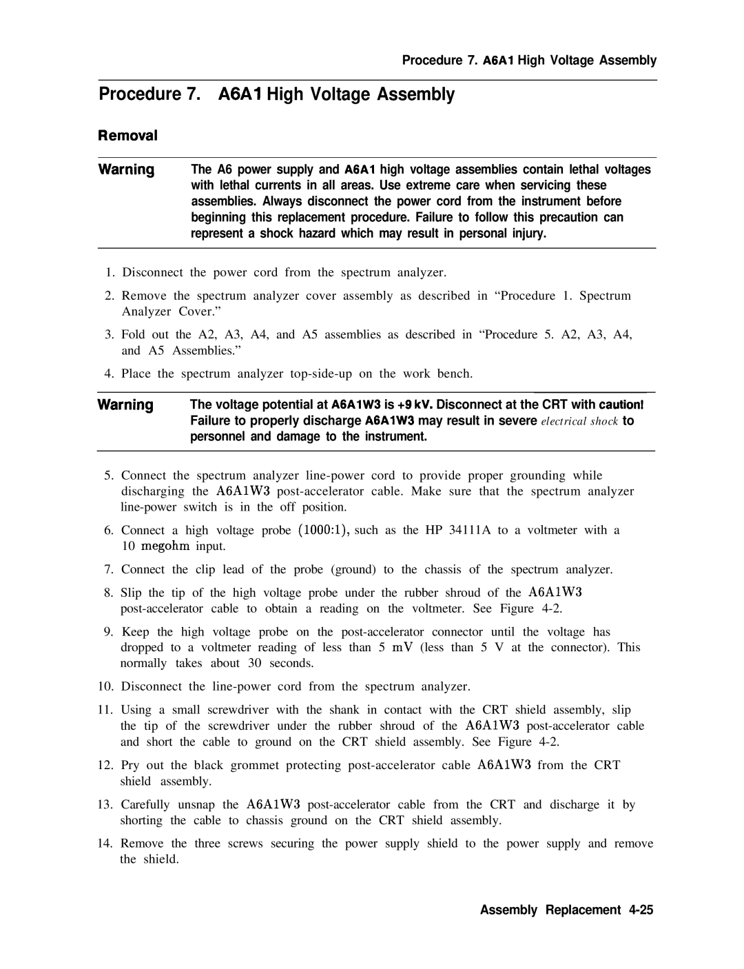 Agilent Technologies 856290216 service manual Procedure 7. A6Al High Voltage Assembly 